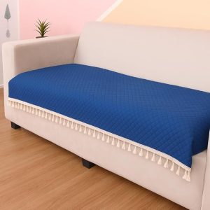 STITCHNEST 3 Seater Quilted Velvet Sofa Cover with Tassels | Elegant Blue Sofa Protector for Living Room | Soft, Washable | Perfect for Enhancing Living Room Interiors